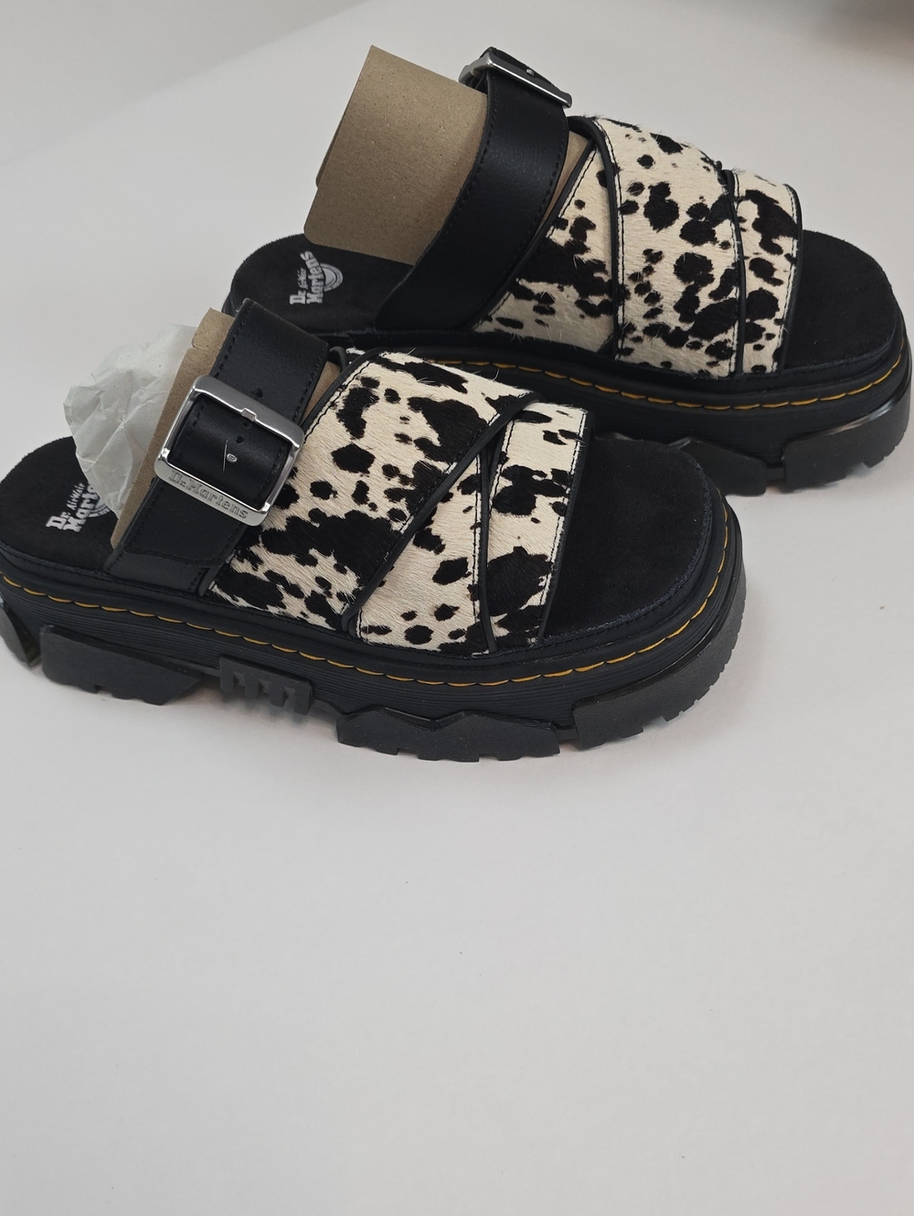 NWT & Box Dr. Martens "Mattison Slide" in Dalmatian Hair On Leather Sandals.